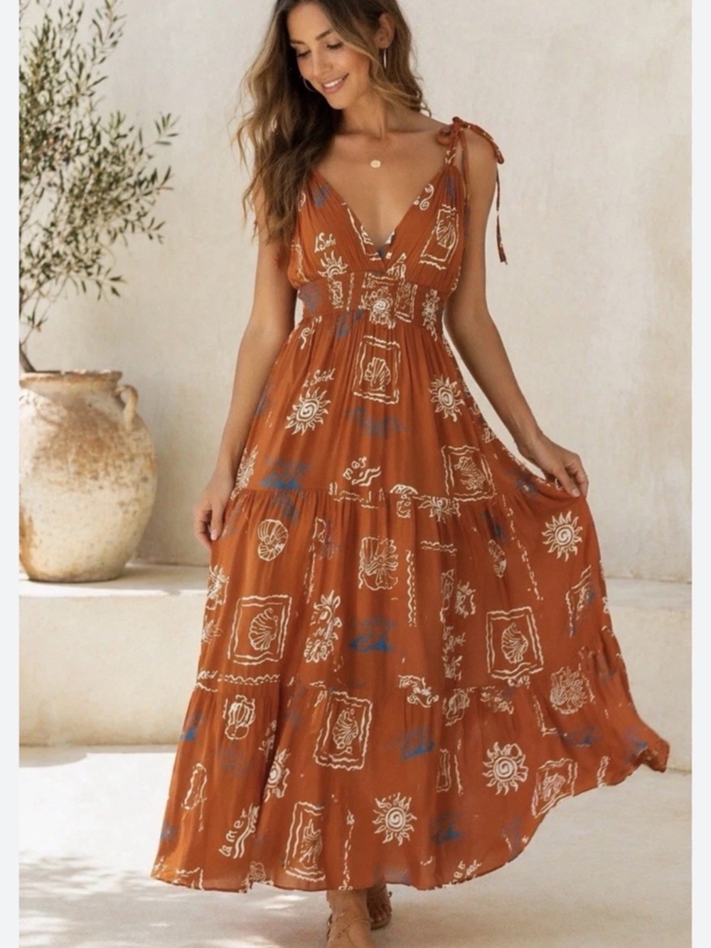 Patrons of Peace Rust Maxi Dress with White & Blue Boho Motif